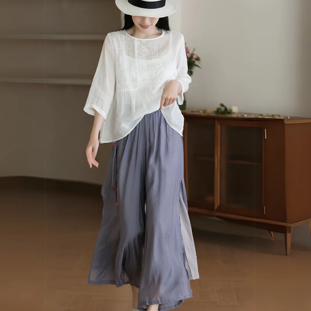 雅韵刺绣开叉阔腿裤 Graceful Embroidered Side-Slit Wide-Leg Pants