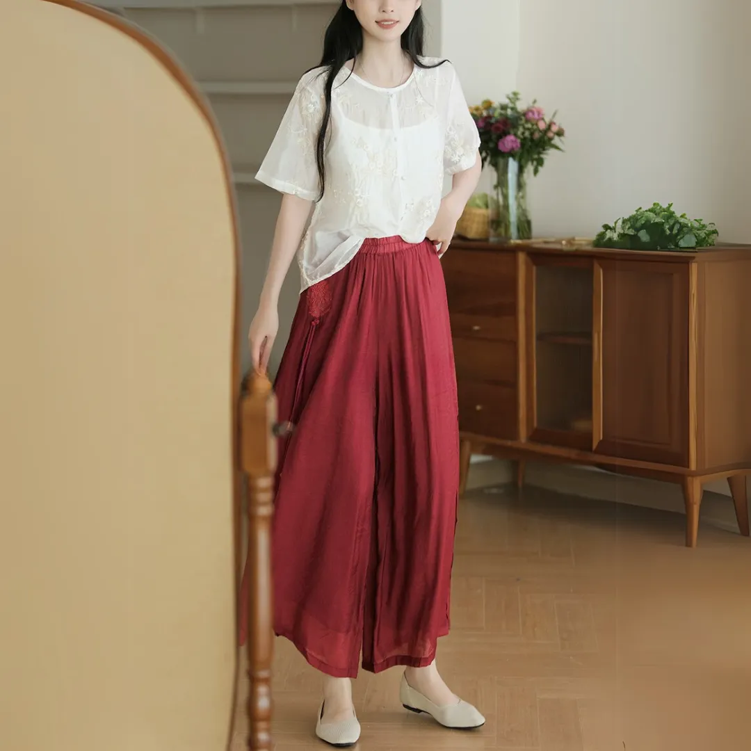 雅韵刺绣开叉阔腿裤 Graceful Embroidered Side-Slit Wide-Leg Pants