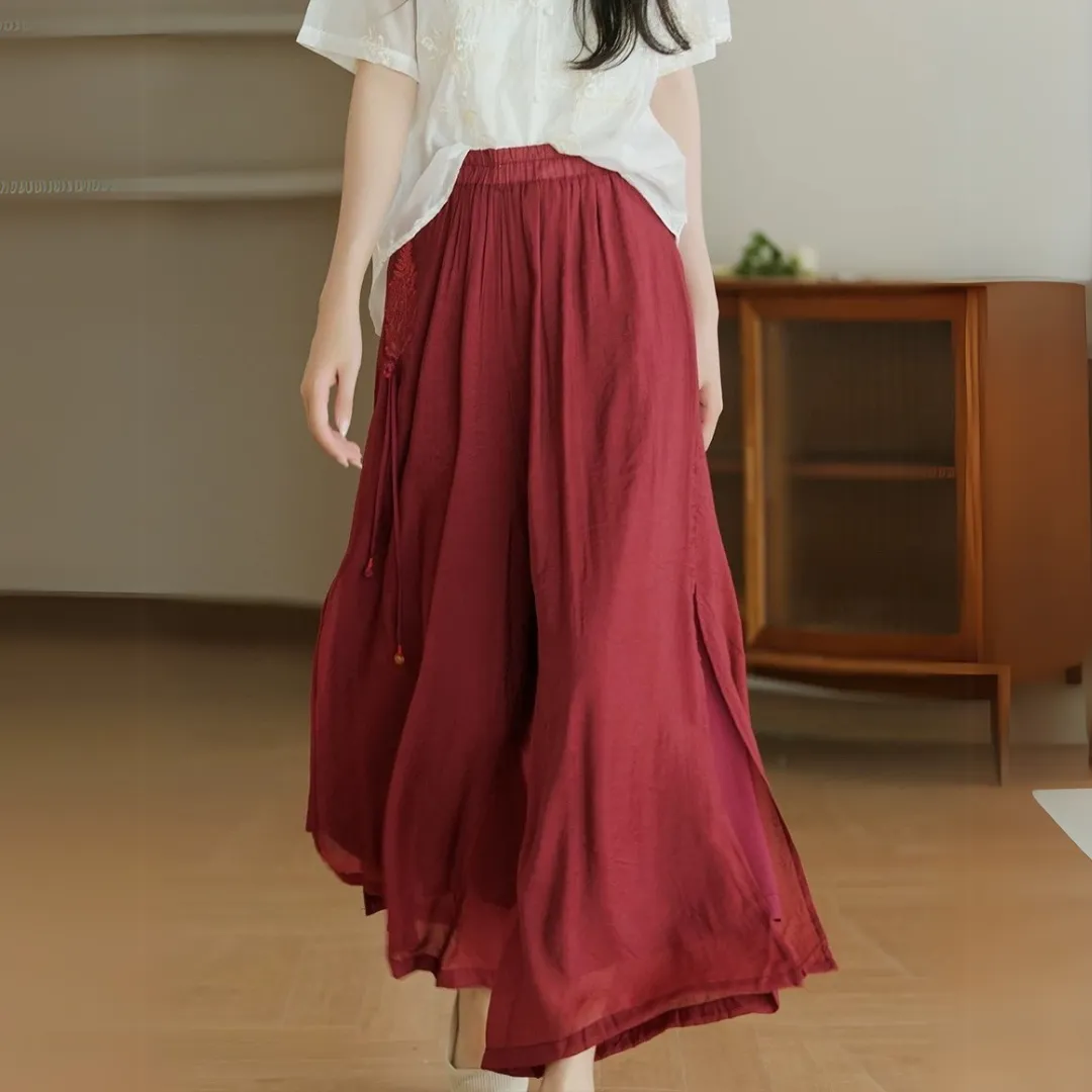 雅韵刺绣开叉阔腿裤 Graceful Embroidered Side-Slit Wide-Leg Pants