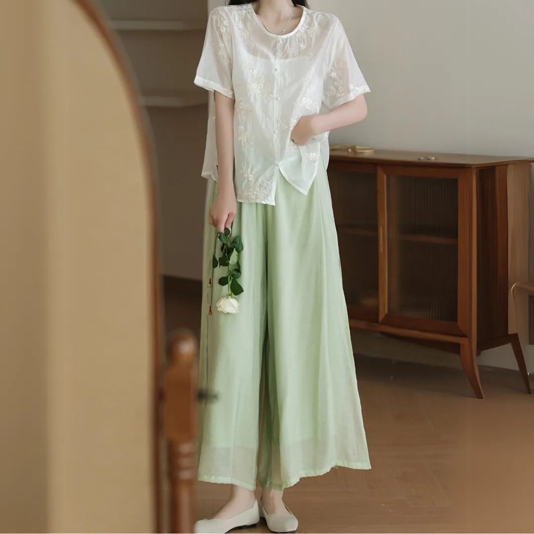雅韵刺绣开叉阔腿裤 Graceful Embroidered Side-Slit Wide-Leg Pants