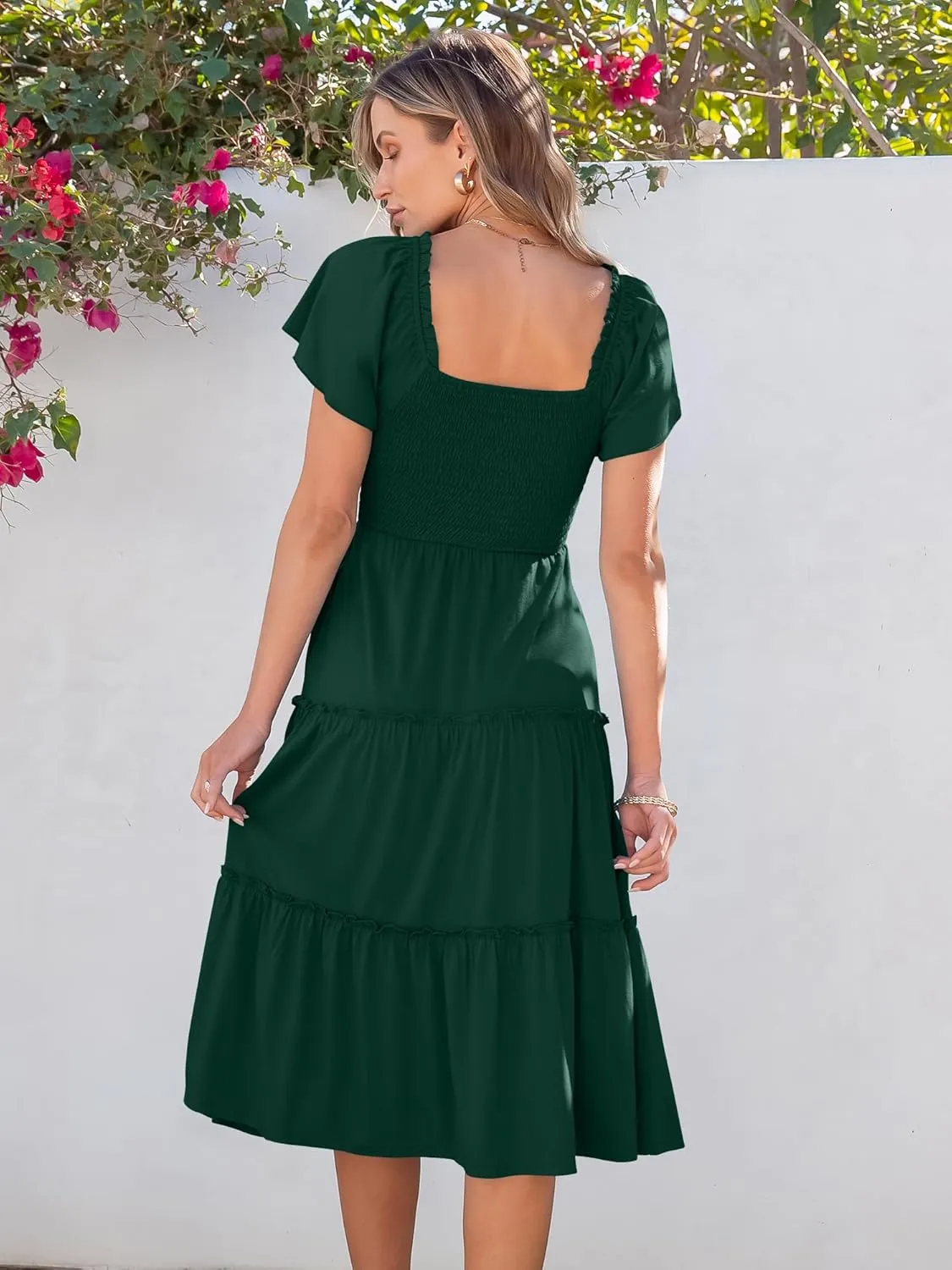 ANRABESS Women Summer Casual Square Neck Flutter Sleeve Boho Smocked A-Line Flowy Tiered Modest Midi Sun Dress with Pockets