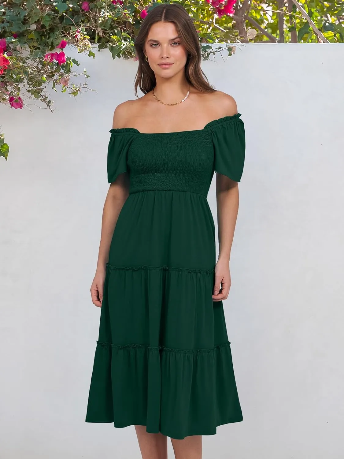 ANRABESS Women Summer Casual Square Neck Flutter Sleeve Boho Smocked A-Line Flowy Tiered Modest Midi Sun Dress with Pockets