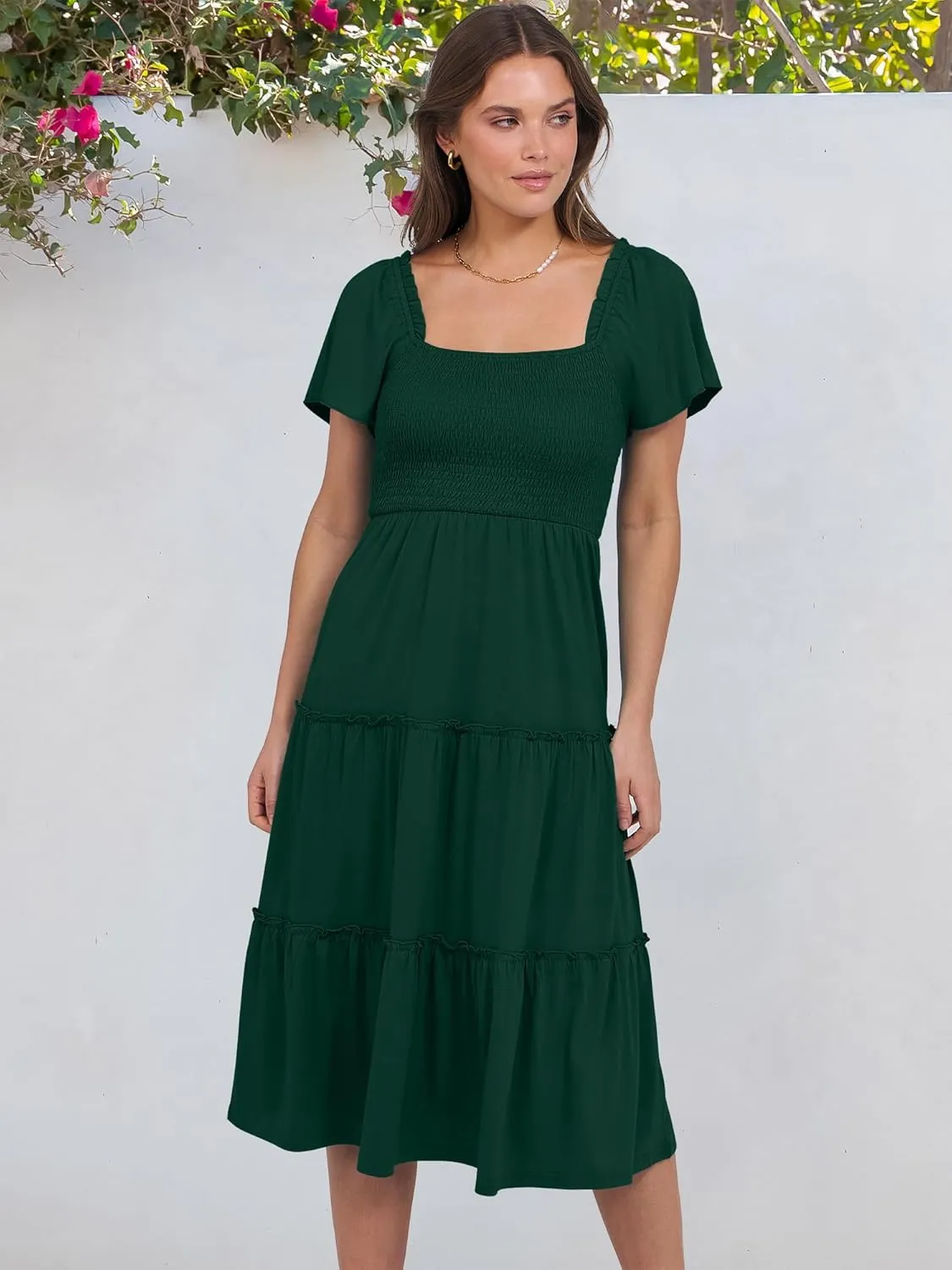 ANRABESS Women Summer Casual Square Neck Flutter Sleeve Boho Smocked A-Line Flowy Tiered Modest Midi Sun Dress with Pockets