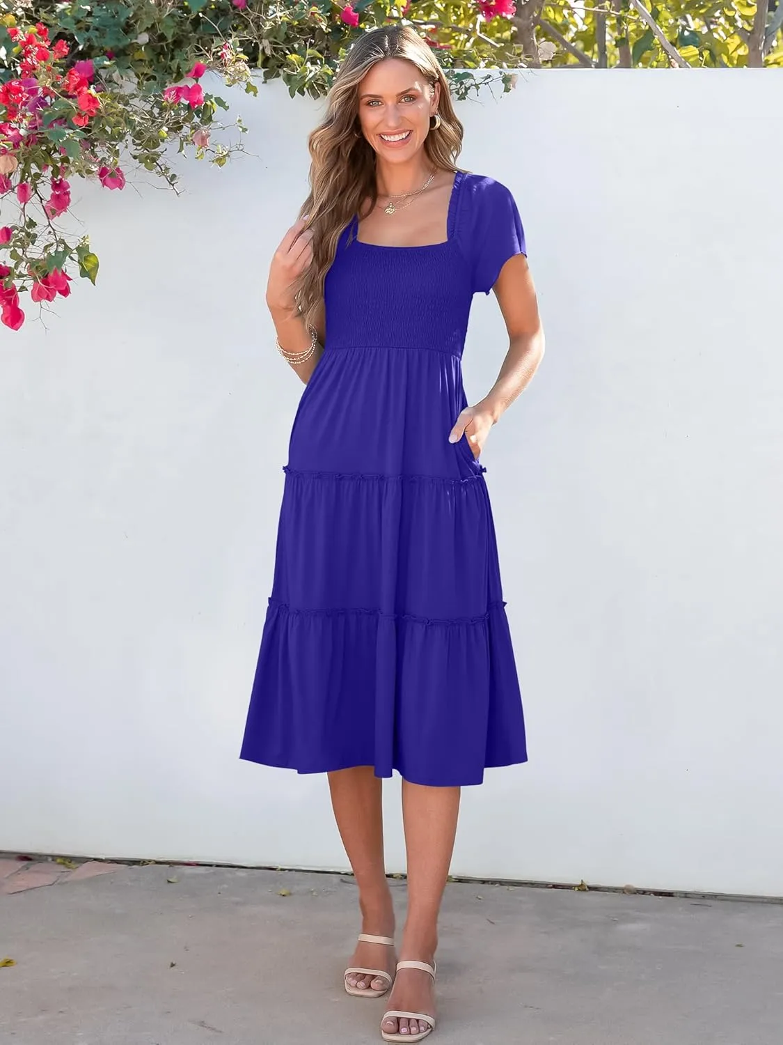 ANRABESS Women Summer Casual Square Neck Flutter Sleeve Boho Smocked A-Line Flowy Tiered Modest Midi Sun Dress with Pockets