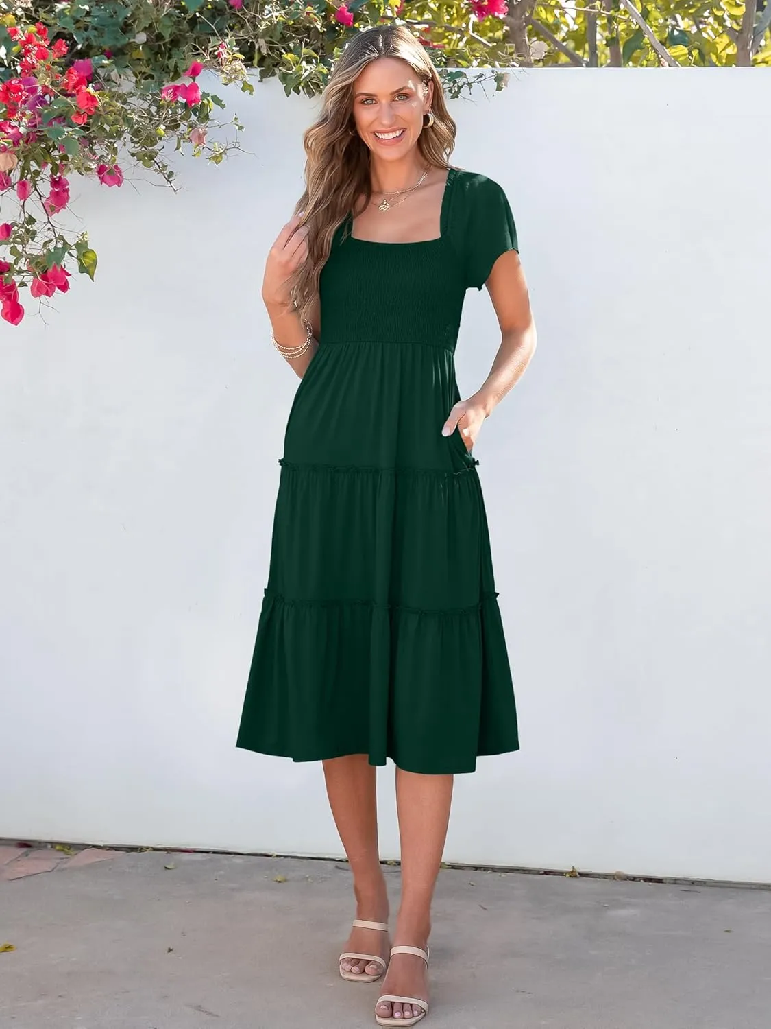 ANRABESS Women Summer Casual Square Neck Flutter Sleeve Boho Smocked A-Line Flowy Tiered Modest Midi Sun Dress with Pockets