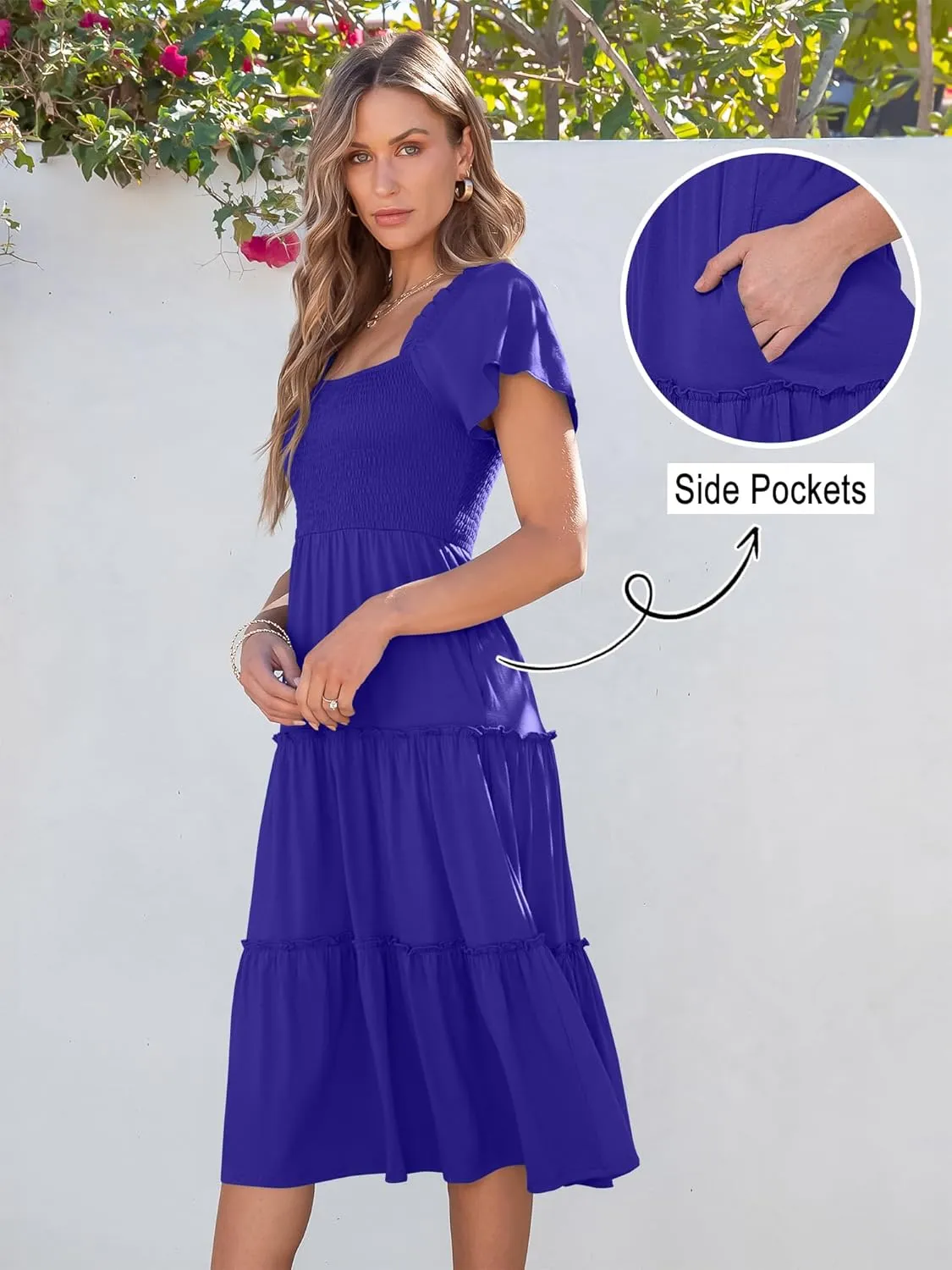ANRABESS Women Summer Casual Square Neck Flutter Sleeve Boho Smocked A-Line Flowy Tiered Modest Midi Sun Dress with Pockets