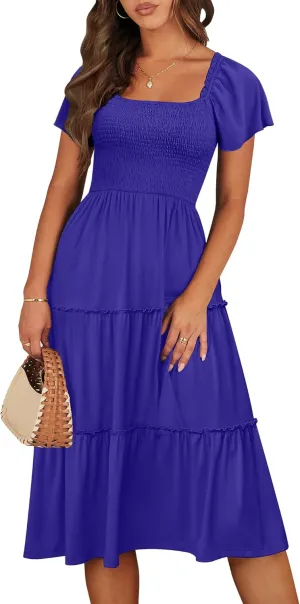 ANRABESS Women Summer Casual Square Neck Flutter Sleeve Boho Smocked A-Line Flowy Tiered Modest Midi Sun Dress with Pockets