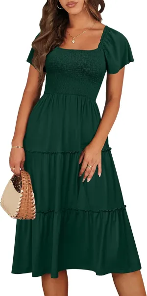 ANRABESS Women Summer Casual Square Neck Flutter Sleeve Boho Smocked A-Line Flowy Tiered Modest Midi Sun Dress with Pockets