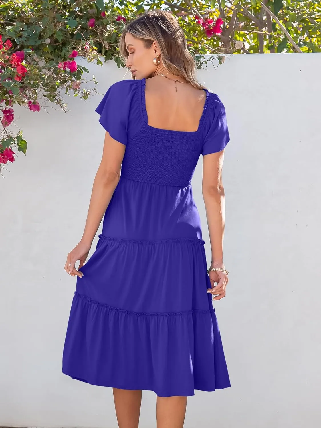 ANRABESS Women Summer Casual Square Neck Flutter Sleeve Boho Smocked A-Line Flowy Tiered Modest Midi Sun Dress with Pockets