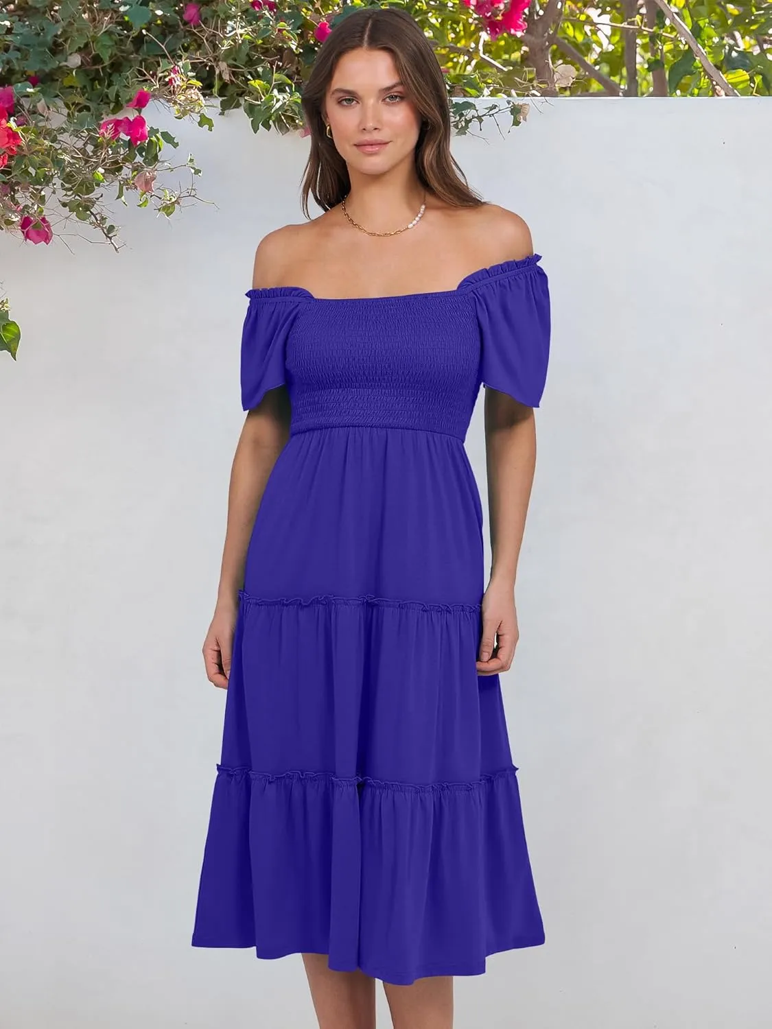 ANRABESS Women Summer Casual Square Neck Flutter Sleeve Boho Smocked A-Line Flowy Tiered Modest Midi Sun Dress with Pockets