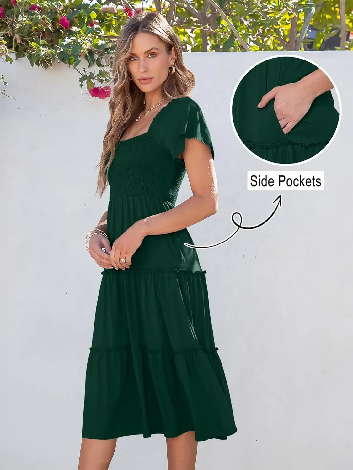 ANRABESS Women Summer Casual Square Neck Flutter Sleeve Boho Smocked A-Line Flowy Tiered Modest Midi Sun Dress with Pockets