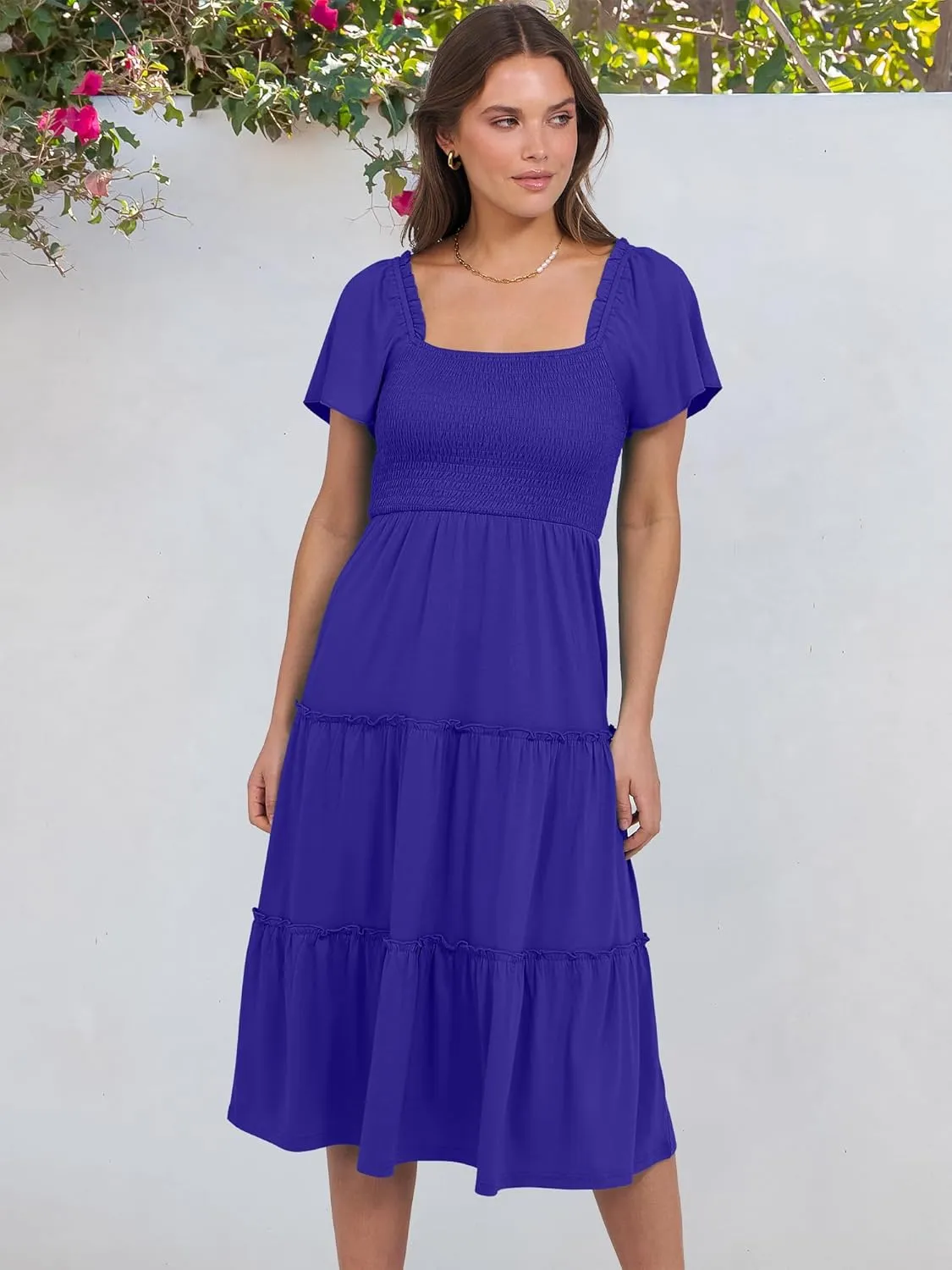 ANRABESS Women Summer Casual Square Neck Flutter Sleeve Boho Smocked A-Line Flowy Tiered Modest Midi Sun Dress with Pockets