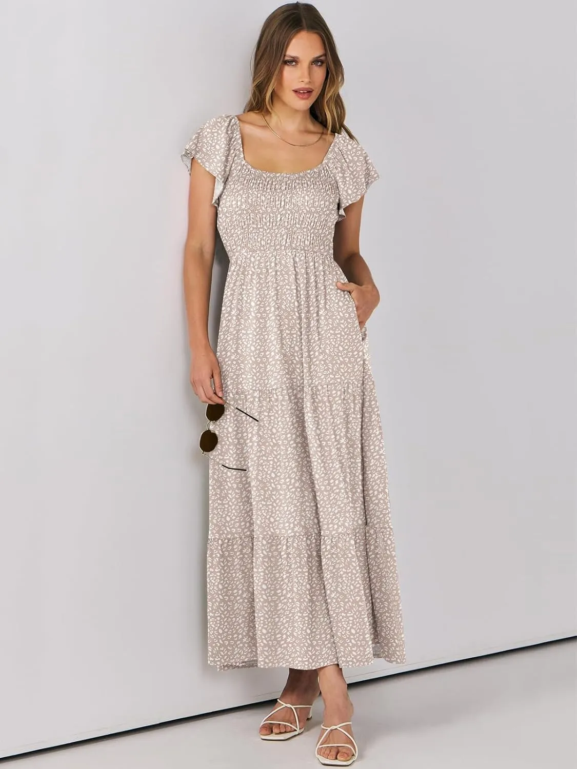 ANRABESS Women’s Casual Summer Maxi Dress Flutter Short Sleeve Scoop Neck Smocked A Line Flowy Beach Vacation Long Dresses