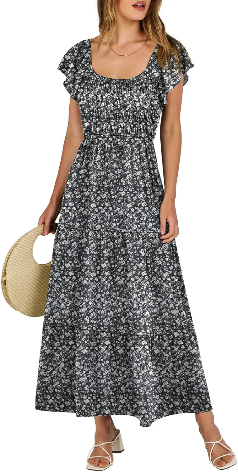 ANRABESS Women’s Casual Summer Maxi Dress Flutter Short Sleeve Scoop Neck Smocked A Line Flowy Beach Vacation Long Dresses