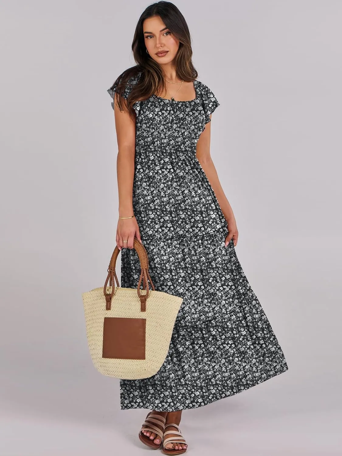 ANRABESS Women’s Casual Summer Maxi Dress Flutter Short Sleeve Scoop Neck Smocked A Line Flowy Beach Vacation Long Dresses
