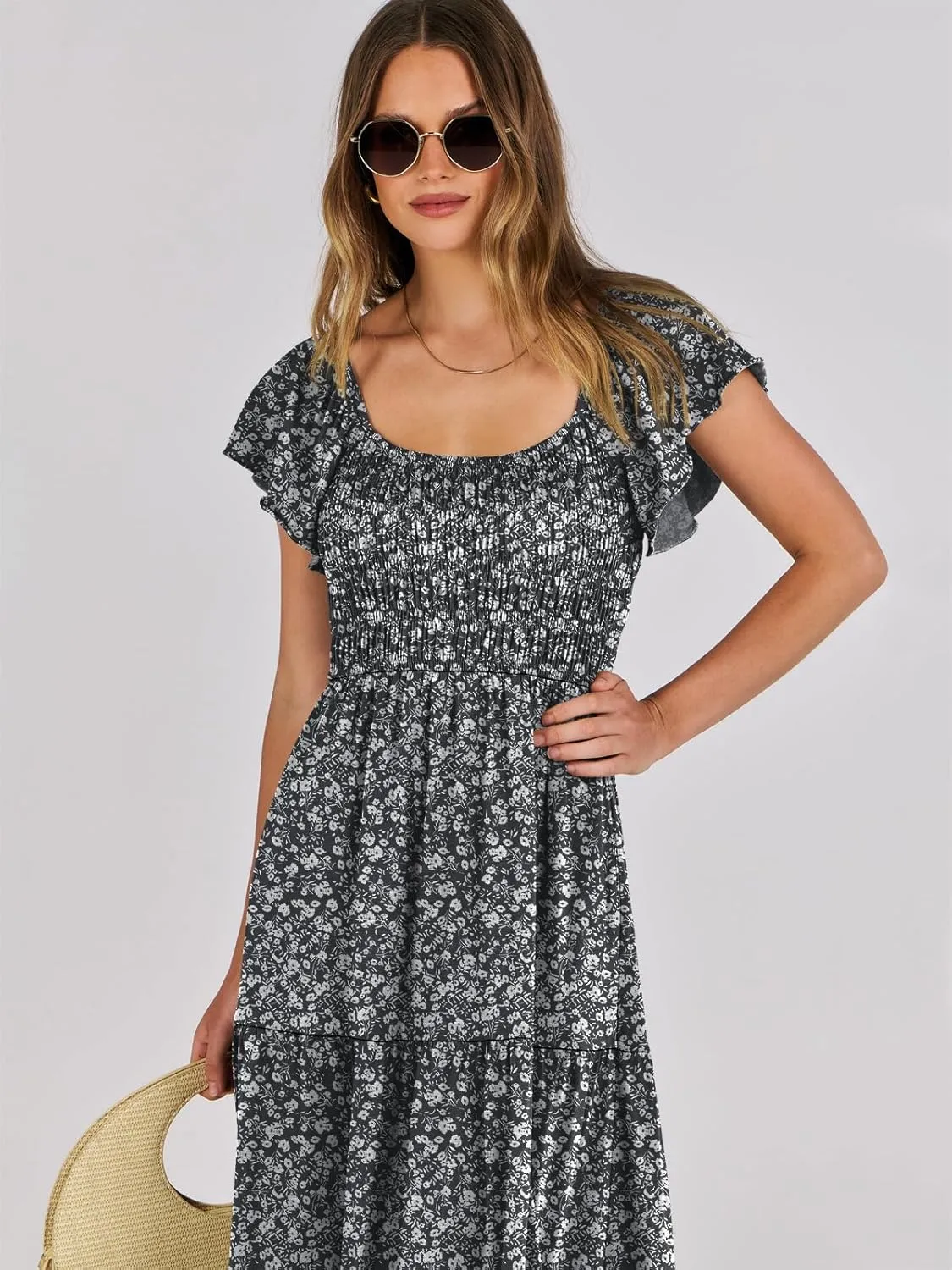 ANRABESS Women’s Casual Summer Maxi Dress Flutter Short Sleeve Scoop Neck Smocked A Line Flowy Beach Vacation Long Dresses