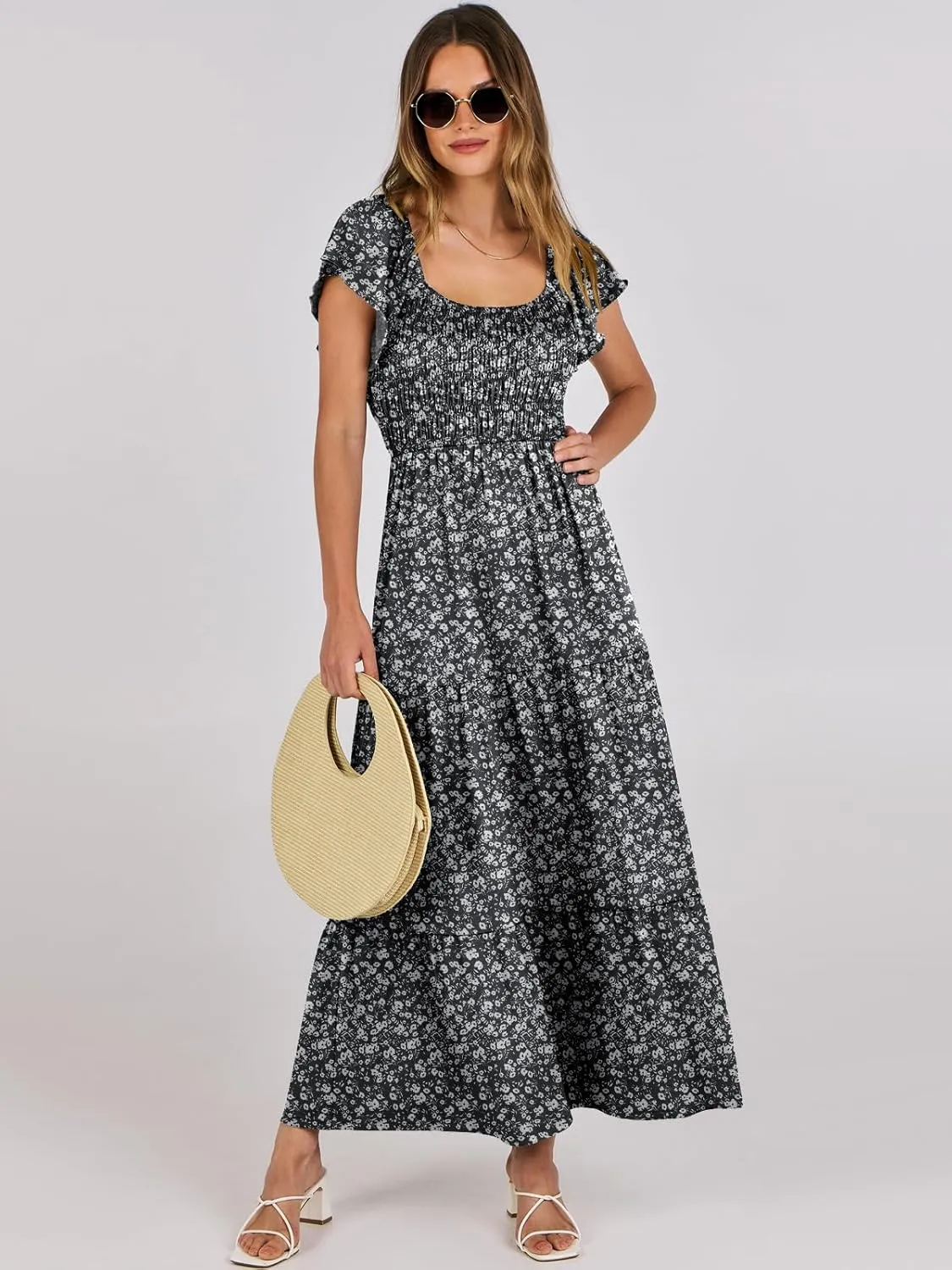 ANRABESS Women’s Casual Summer Maxi Dress Flutter Short Sleeve Scoop Neck Smocked A Line Flowy Beach Vacation Long Dresses