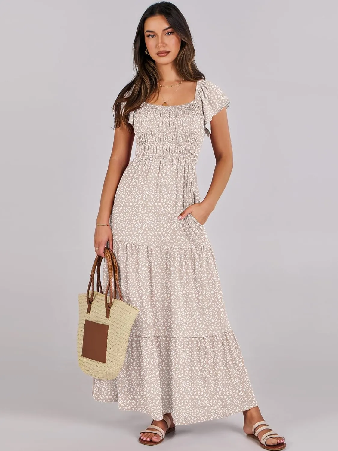 ANRABESS Women’s Casual Summer Maxi Dress Flutter Short Sleeve Scoop Neck Smocked A Line Flowy Beach Vacation Long Dresses