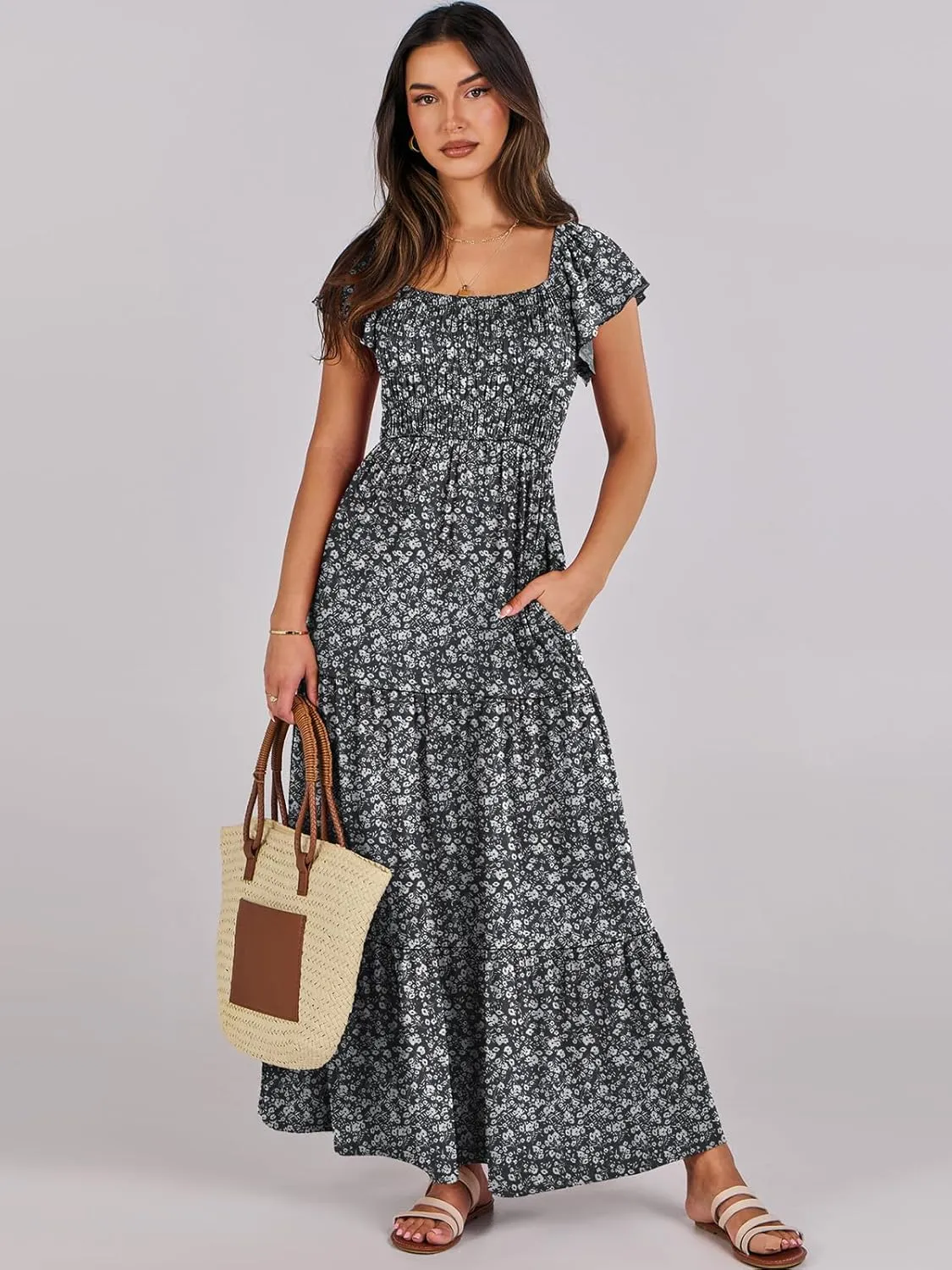ANRABESS Women’s Casual Summer Maxi Dress Flutter Short Sleeve Scoop Neck Smocked A Line Flowy Beach Vacation Long Dresses