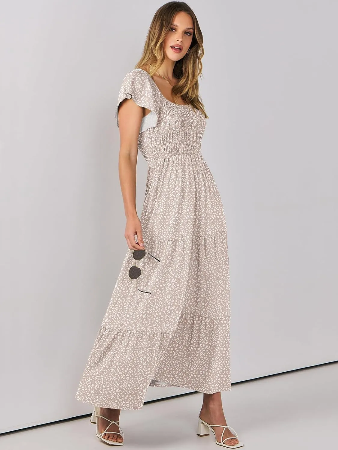 ANRABESS Women’s Casual Summer Maxi Dress Flutter Short Sleeve Scoop Neck Smocked A Line Flowy Beach Vacation Long Dresses