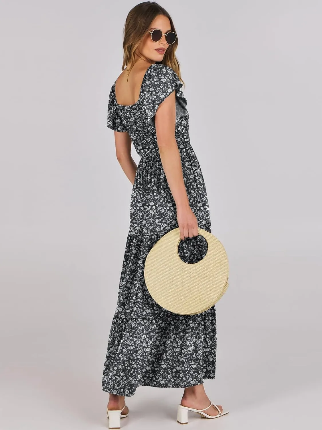 ANRABESS Women’s Casual Summer Maxi Dress Flutter Short Sleeve Scoop Neck Smocked A Line Flowy Beach Vacation Long Dresses