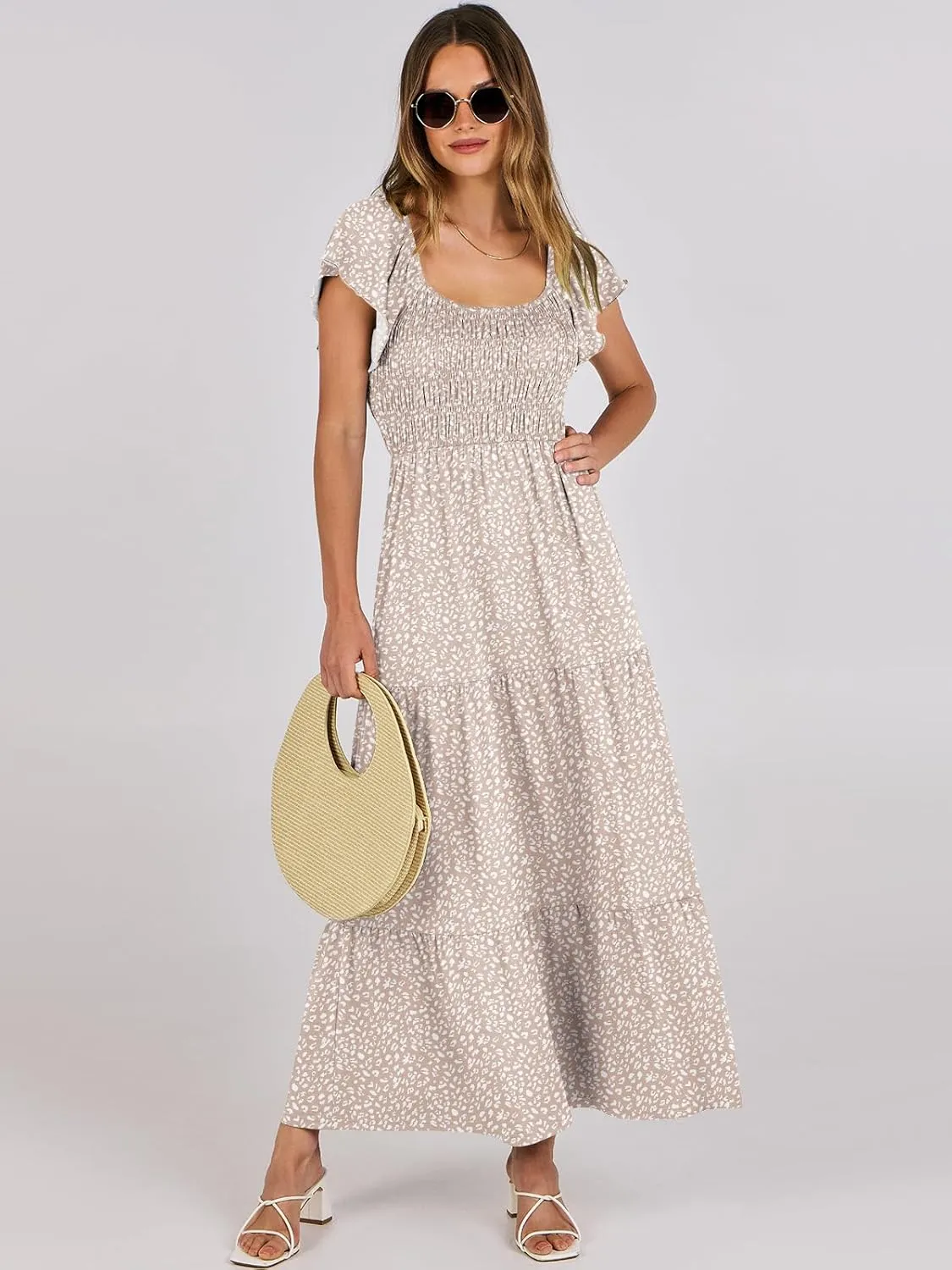 ANRABESS Women’s Casual Summer Maxi Dress Flutter Short Sleeve Scoop Neck Smocked A Line Flowy Beach Vacation Long Dresses