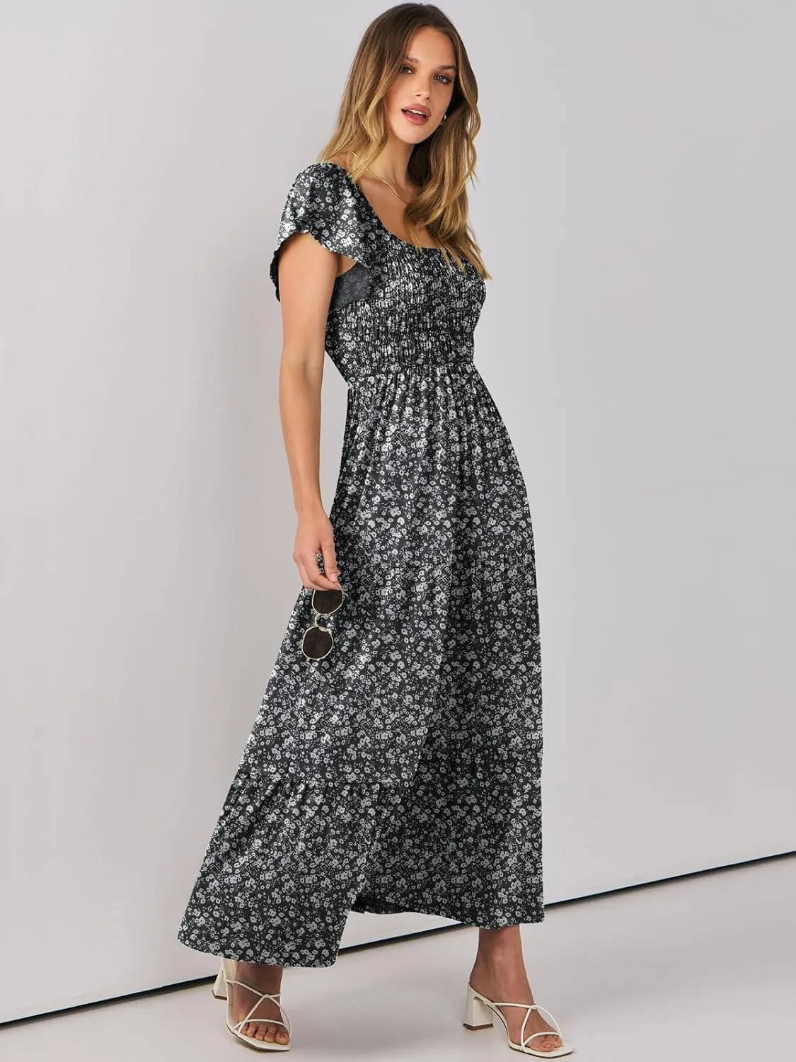 ANRABESS Women’s Casual Summer Maxi Dress Flutter Short Sleeve Scoop Neck Smocked A Line Flowy Beach Vacation Long Dresses