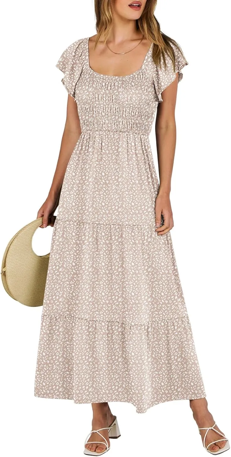 ANRABESS Women’s Casual Summer Maxi Dress Flutter Short Sleeve Scoop Neck Smocked A Line Flowy Beach Vacation Long Dresses