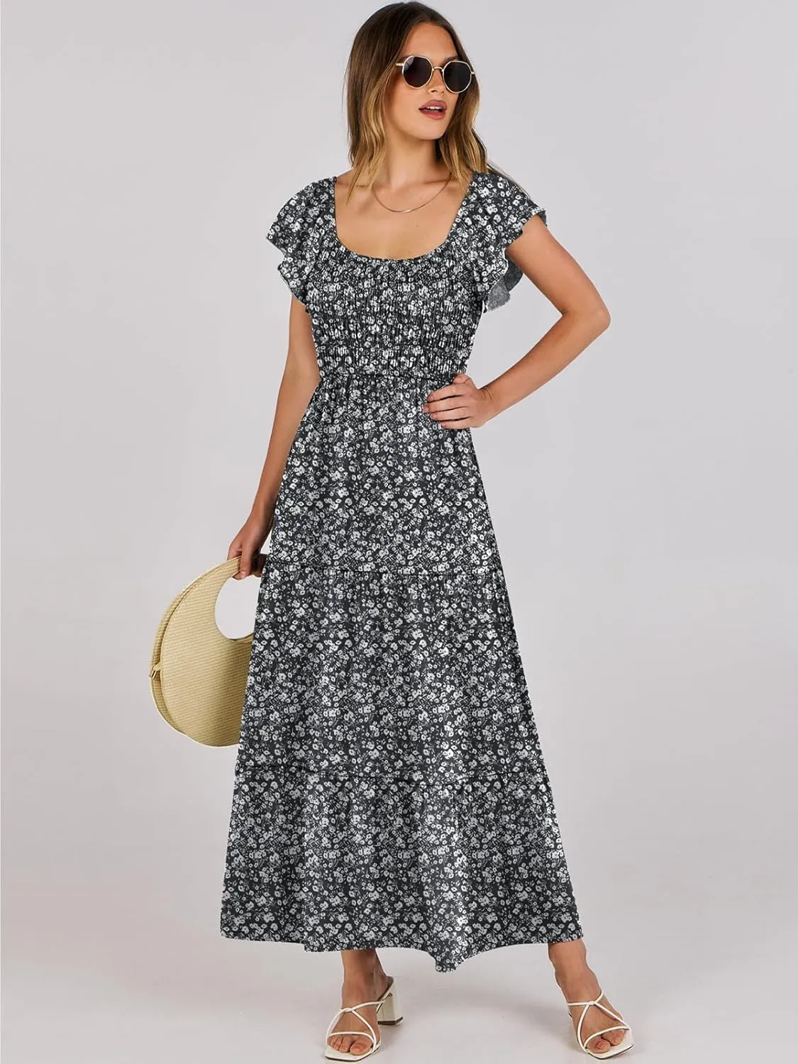 ANRABESS Women’s Casual Summer Maxi Dress Flutter Short Sleeve Scoop Neck Smocked A Line Flowy Beach Vacation Long Dresses