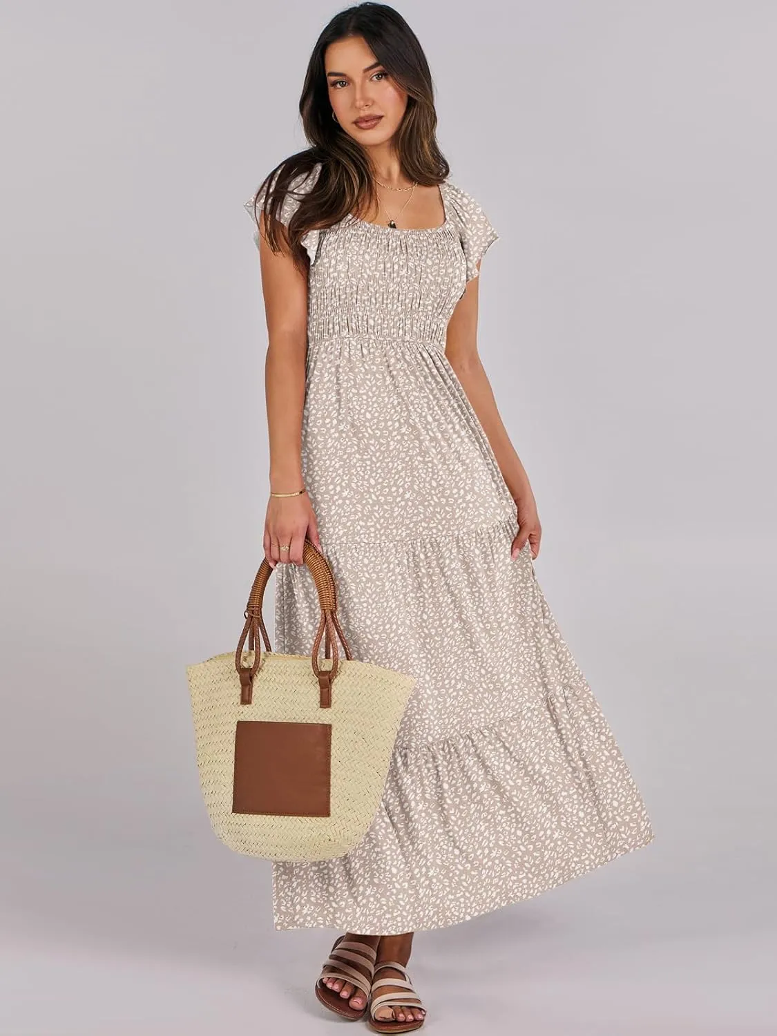 ANRABESS Women’s Casual Summer Maxi Dress Flutter Short Sleeve Scoop Neck Smocked A Line Flowy Beach Vacation Long Dresses