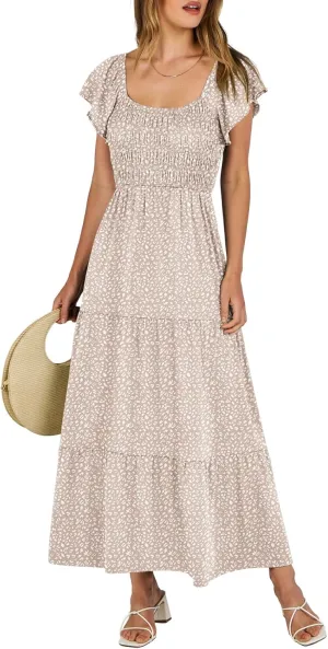 ANRABESS Women’s Casual Summer Maxi Dress Flutter Short Sleeve Scoop Neck Smocked A Line Flowy Beach Vacation Long Dresses
