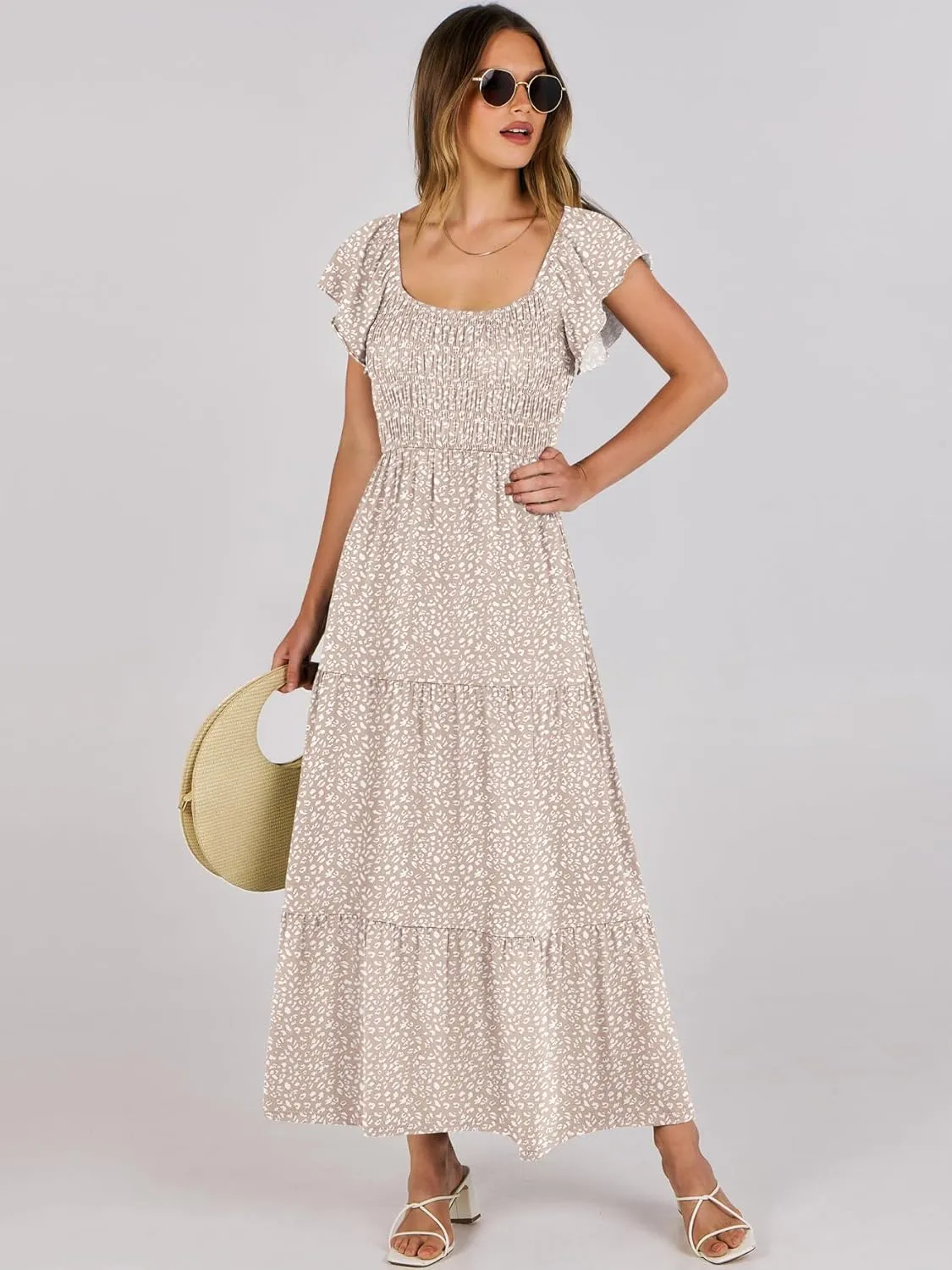 ANRABESS Women’s Casual Summer Maxi Dress Flutter Short Sleeve Scoop Neck Smocked A Line Flowy Beach Vacation Long Dresses