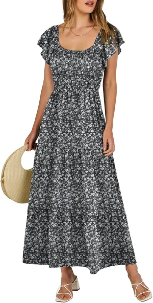 ANRABESS Women’s Casual Summer Maxi Dress Flutter Short Sleeve Scoop Neck Smocked A Line Flowy Beach Vacation Long Dresses