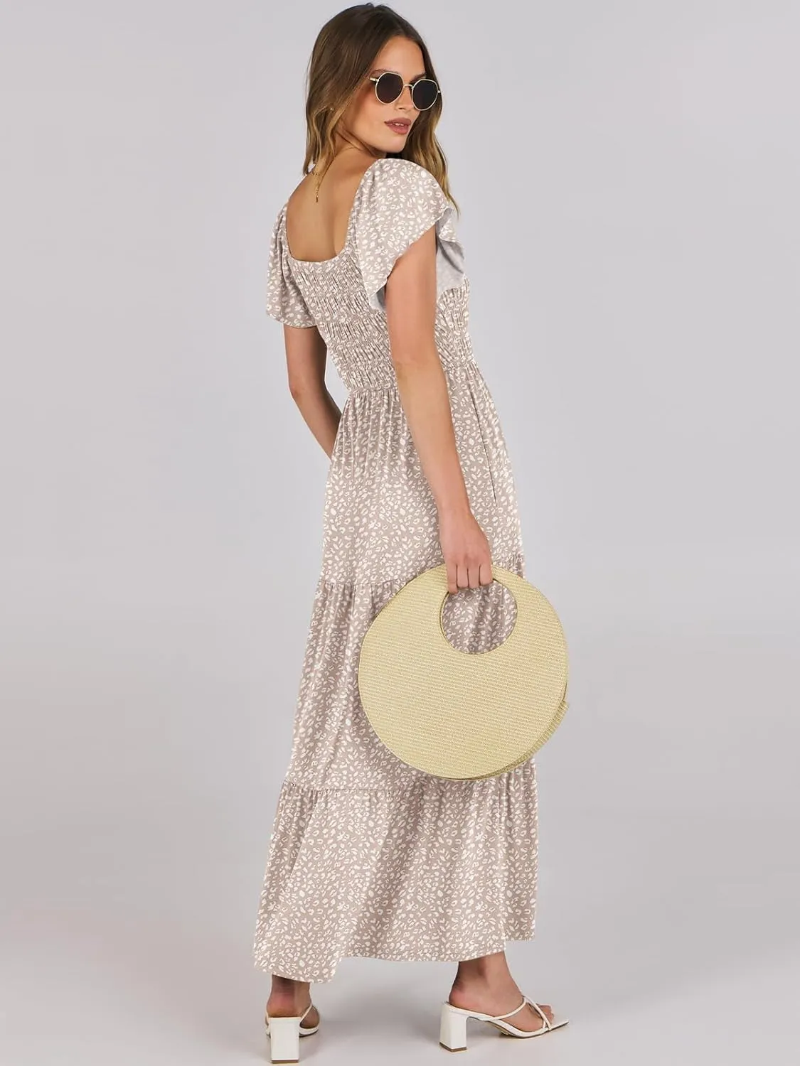 ANRABESS Women’s Casual Summer Maxi Dress Flutter Short Sleeve Scoop Neck Smocked A Line Flowy Beach Vacation Long Dresses