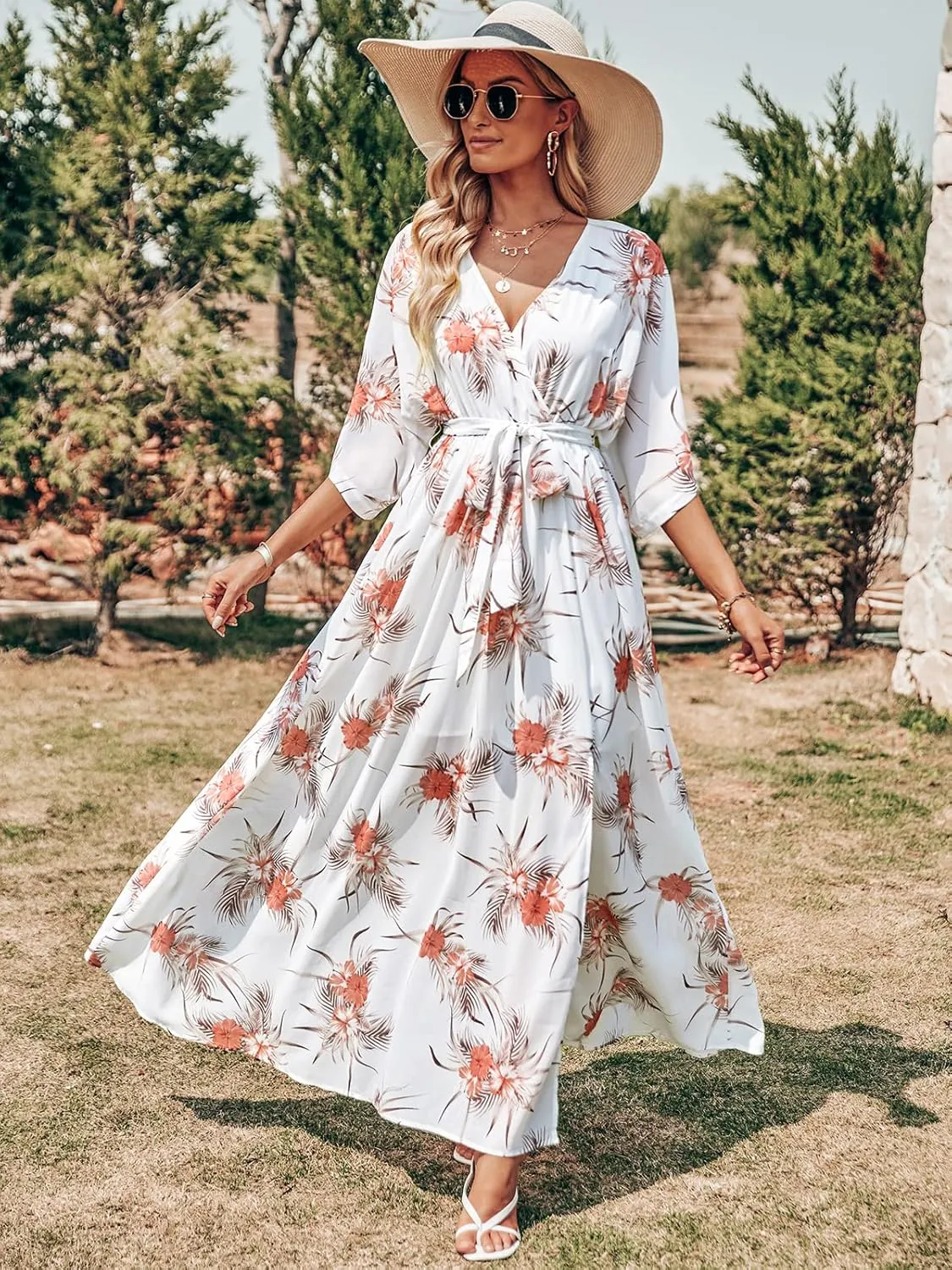 ANRABESS Women’s Summer Loose Boho Flowy Wrap V Neck 3/4 Sleeve Floral Print Slit Beach Wedding Guest Long Maxi Dresses