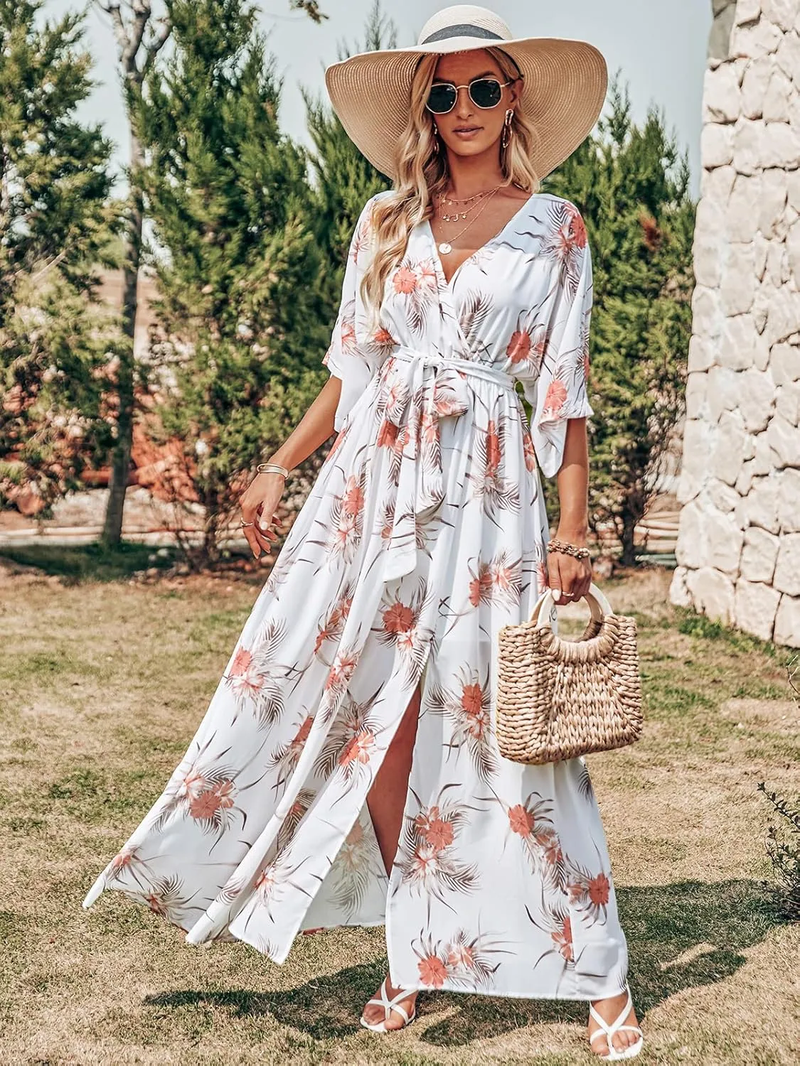 ANRABESS Women’s Summer Loose Boho Flowy Wrap V Neck 3/4 Sleeve Floral Print Slit Beach Wedding Guest Long Maxi Dresses