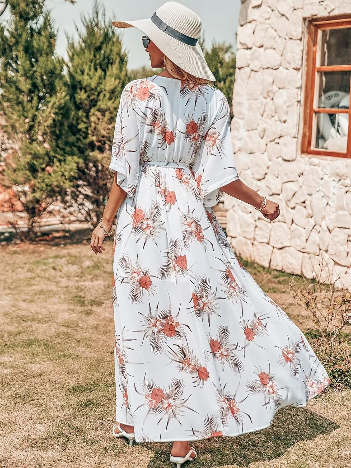 ANRABESS Women’s Summer Loose Boho Flowy Wrap V Neck 3/4 Sleeve Floral Print Slit Beach Wedding Guest Long Maxi Dresses