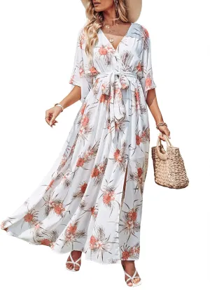 ANRABESS Women’s Summer Loose Boho Flowy Wrap V Neck 3/4 Sleeve Floral Print Slit Beach Wedding Guest Long Maxi Dresses