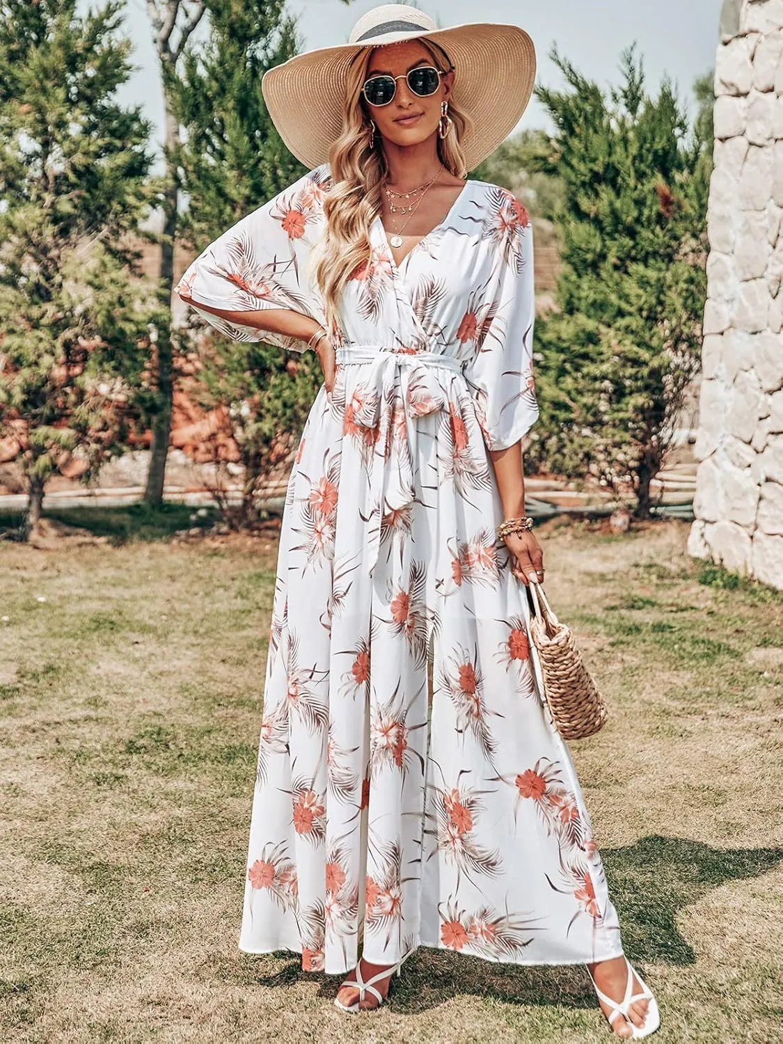 ANRABESS Women’s Summer Loose Boho Flowy Wrap V Neck 3/4 Sleeve Floral Print Slit Beach Wedding Guest Long Maxi Dresses