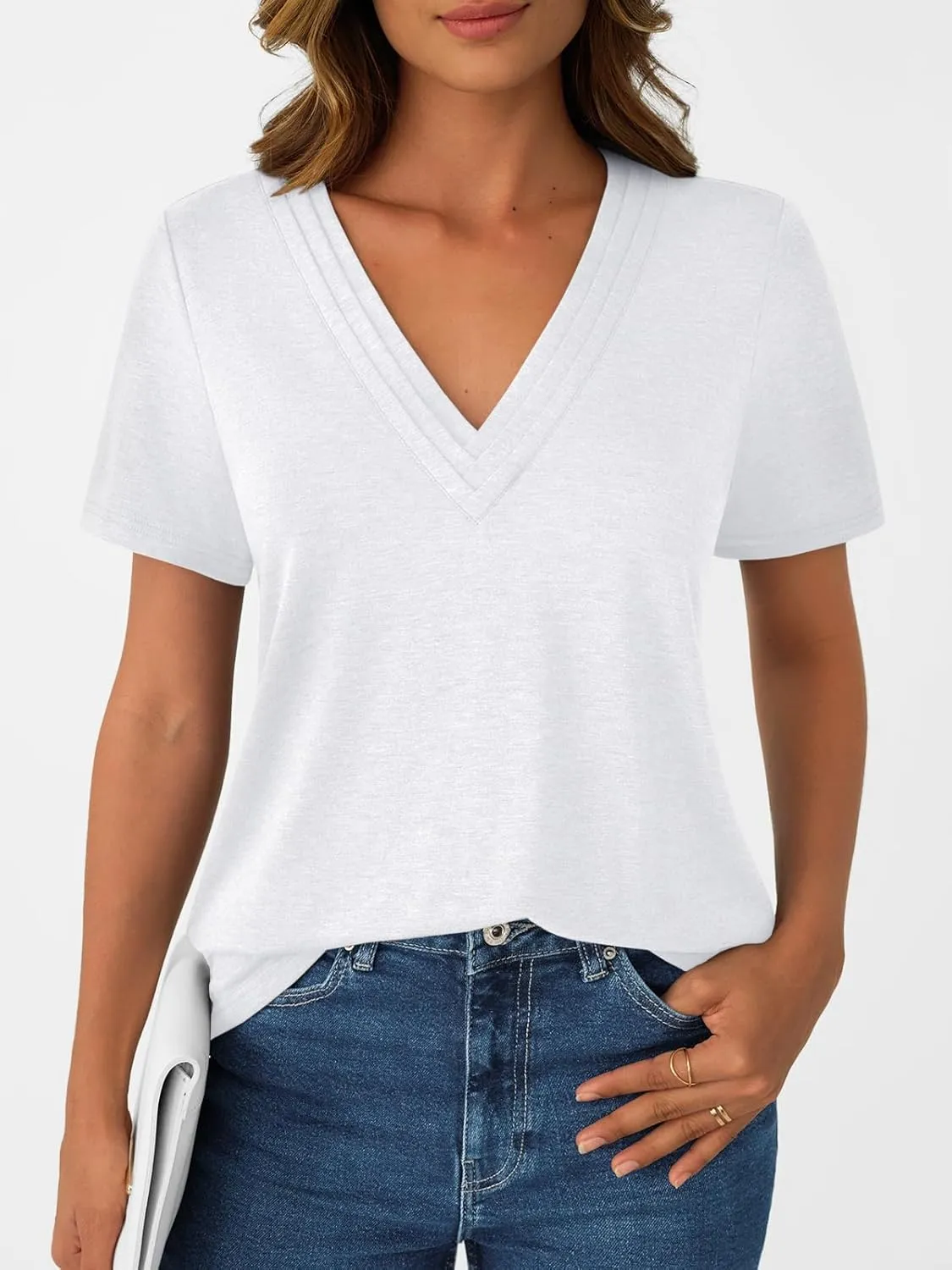AUTOMET Pleated V Neck Shirts Short Sleeve Summer Business Casual Tops