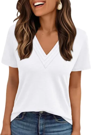 AUTOMET Pleated V Neck Shirts Short Sleeve Summer Business Casual Tops