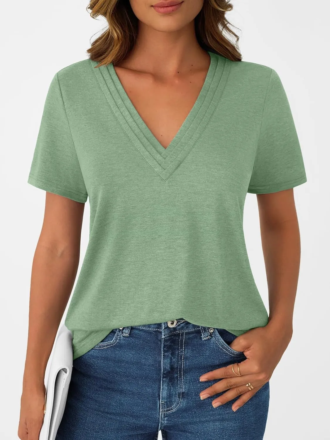 AUTOMET Pleated V Neck Shirts Short Sleeve Summer Business Casual Tops