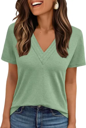 AUTOMET Pleated V Neck Shirts Short Sleeve Summer Business Casual Tops