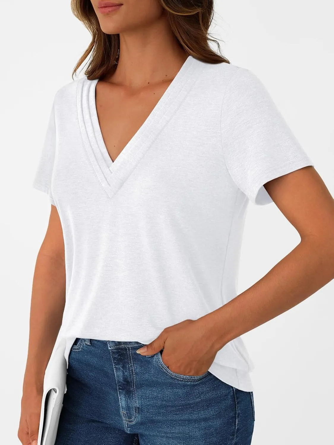 AUTOMET Pleated V Neck Shirts Short Sleeve Summer Business Casual Tops