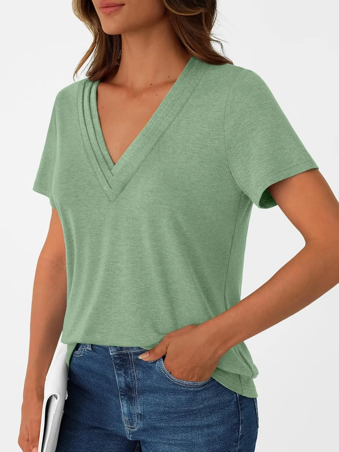 AUTOMET Pleated V Neck Shirts Short Sleeve Summer Business Casual Tops