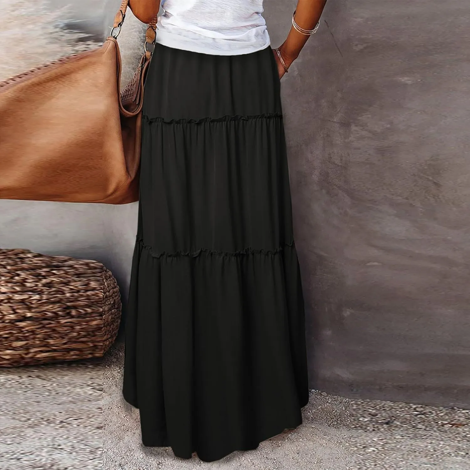 Boho Skirts for Women,2025 Summer Flowy High Waist A Line Maxi Skirt Elegant Pleated Floral Beach Outfits