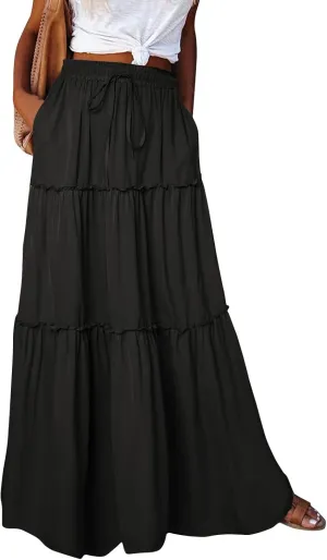 Boho Skirts for Women,2025 Summer Flowy High Waist A Line Maxi Skirt Elegant Pleated Floral Beach Outfits