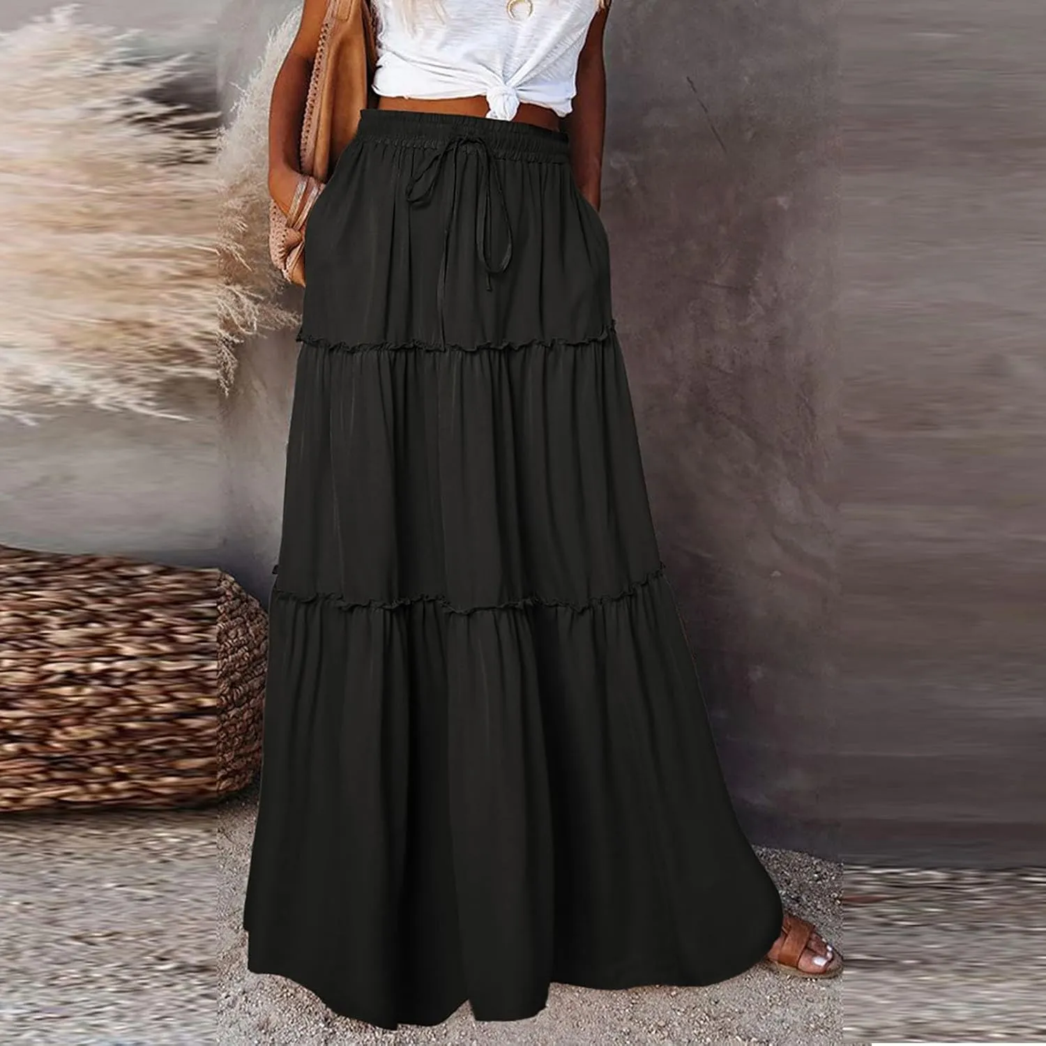 Boho Skirts for Women,2025 Summer Flowy High Waist A Line Maxi Skirt Elegant Pleated Floral Beach Outfits