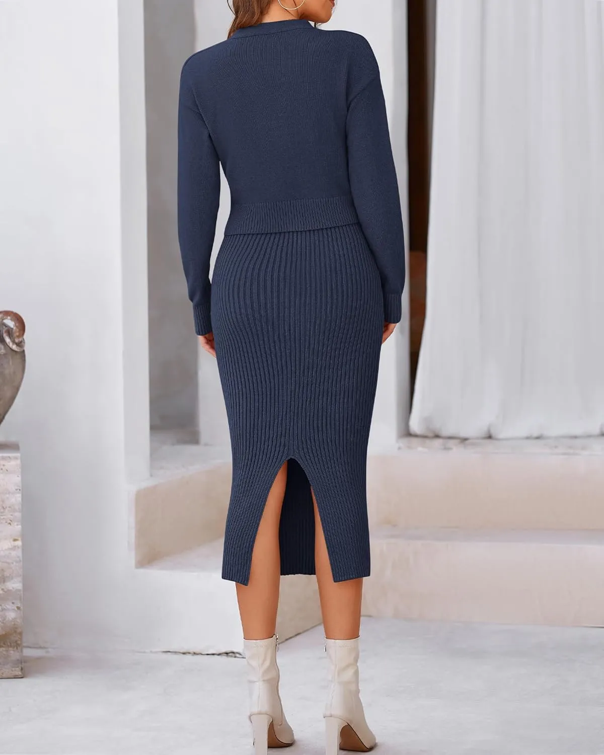 BTFBM Women Fall Knit Sweater Dress Set Bodycon Slit Midi Dresses Button Down Long Sleeve Cropped Cardigan 2 Piece Sets