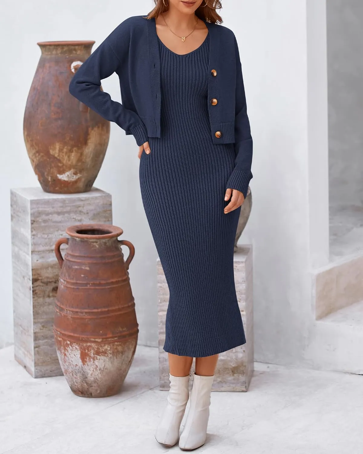 BTFBM Women Fall Knit Sweater Dress Set Bodycon Slit Midi Dresses Button Down Long Sleeve Cropped Cardigan 2 Piece Sets